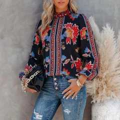 Autumn Women's Fashion Printed Long Sleeve Loose Casual Shirt - Black - View 1