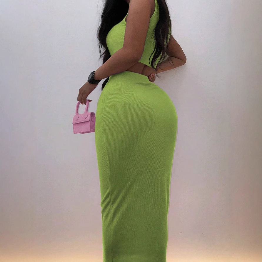 Women's Solid Color Fashion Slim-fit Round Neck Sleeveless Dress Suit