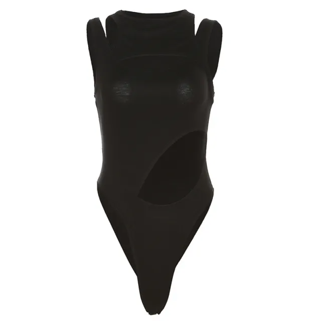 Women's Solid Color Slim Street Fashion Sleeveless Leotard Black - Shop at LoveMi