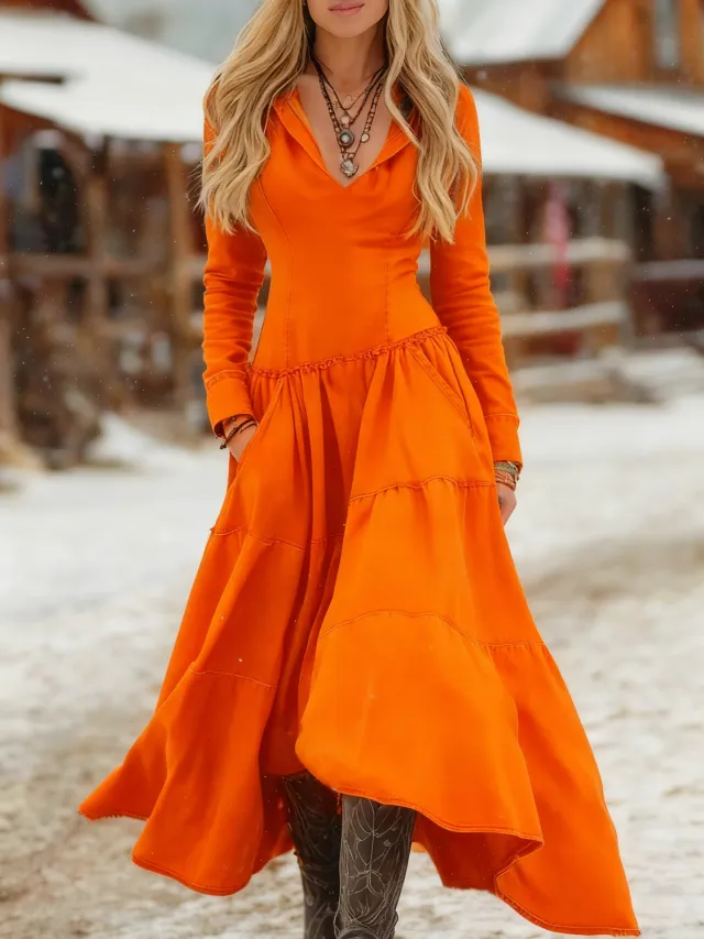 Western Cowboy Style Slim fit Long sleeve Casual Patchwork Dress Orange - Shop at LoveMi
