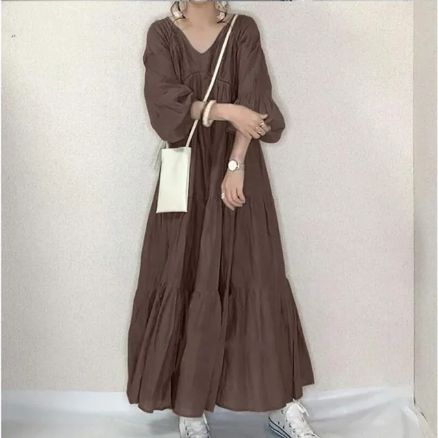Stand Collar V neck 34 Sleeve Dress Brown - Shop at LoveMi