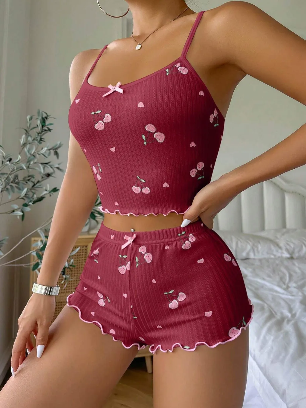 Summer Suspender Elastic Shorts Pyjamas Women's Suit - Red