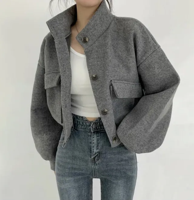 Short Idle Style Loose Casual Woolen Woolen Coat Gray - Shop at LoveMi
