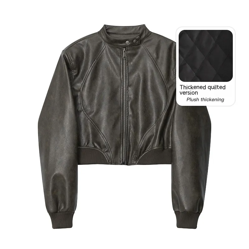 HeyHenry American Fashion Stand Collar Long Sleeve Short PU Leather Short Jacket - Brown Quilted