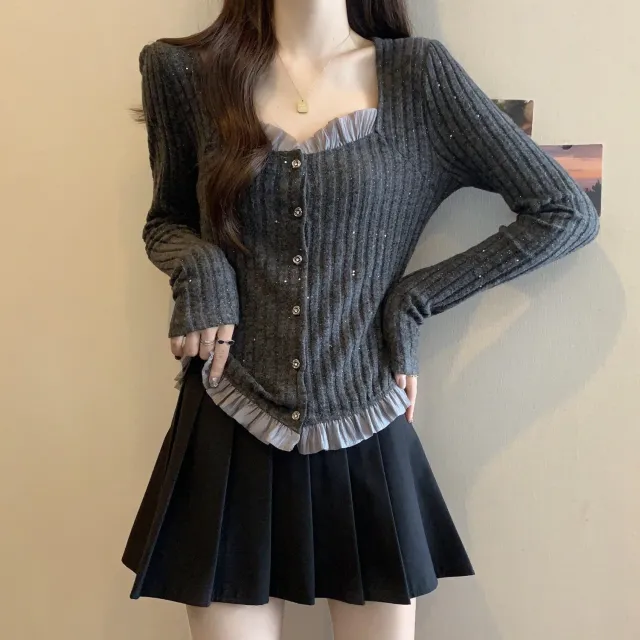 High grade Lace Gray Knitted Chic Long sleeved Top Gray - Shop at LoveMi
