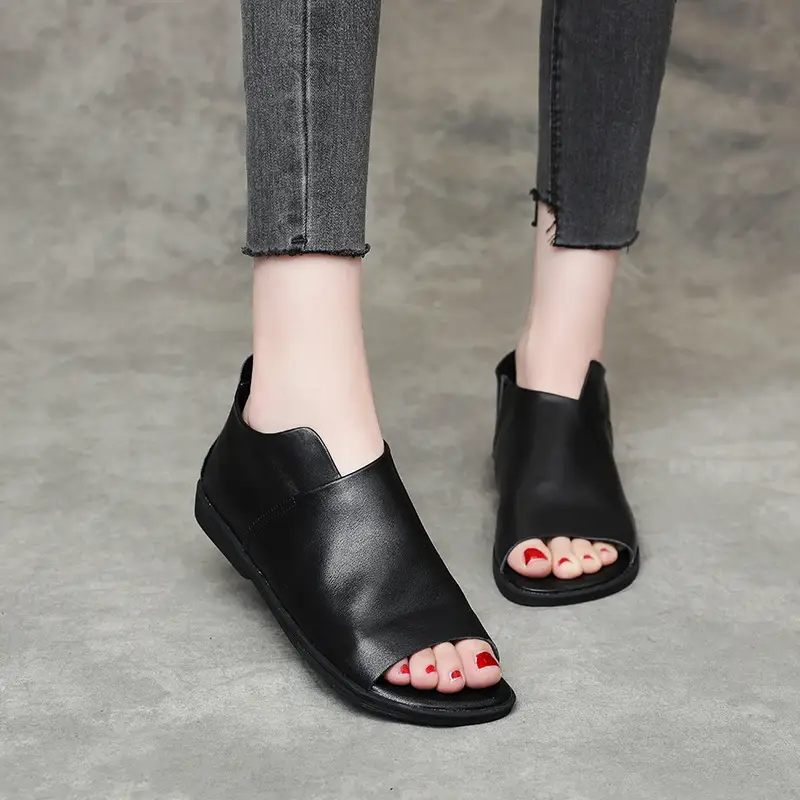 British Genuine Leather Slip On Peep Toe Sandals Flat