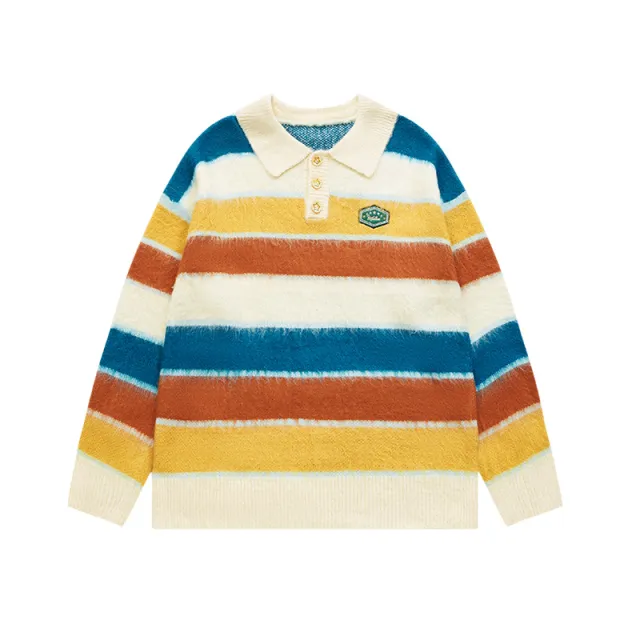 Autumn And Winter New Contrast Color Loose And Warm Knitwear Men's Top Milk Apricot Stripes - Shop at LoveMi