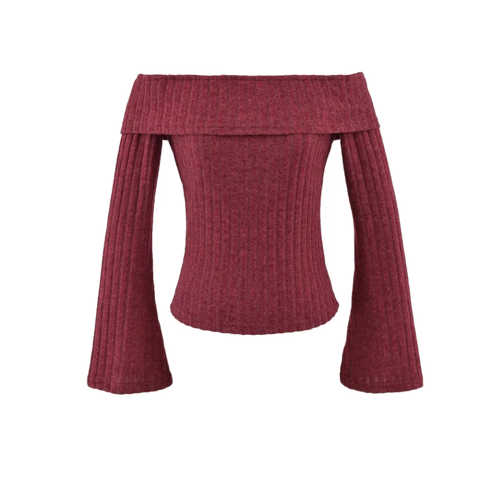 Idle Style Off-the-shoulder Slim Pullover T-shirt - Red