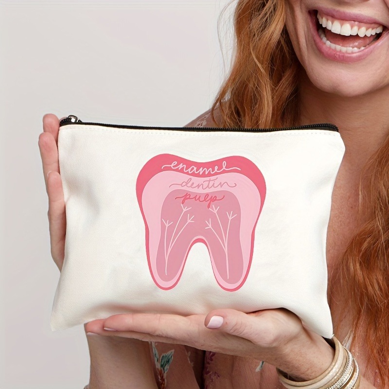 Tooth-patterned Canvas Zip Pouch For Kids Travel