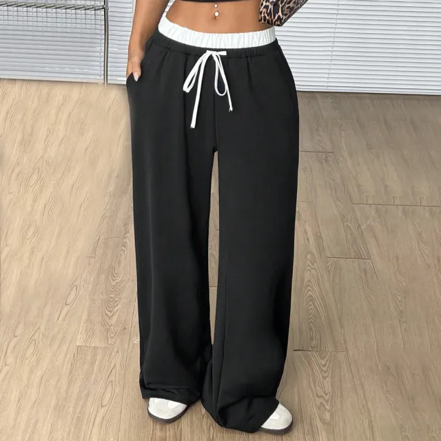 Straight Casual Pants Loose Elastic Waist Mop Trousers Black - Shop at LoveMi