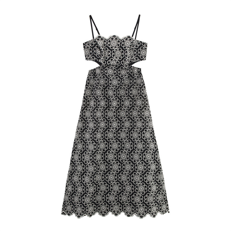 Ethnic Print Vacation Style Embroidered Strap Waist-baring Dress