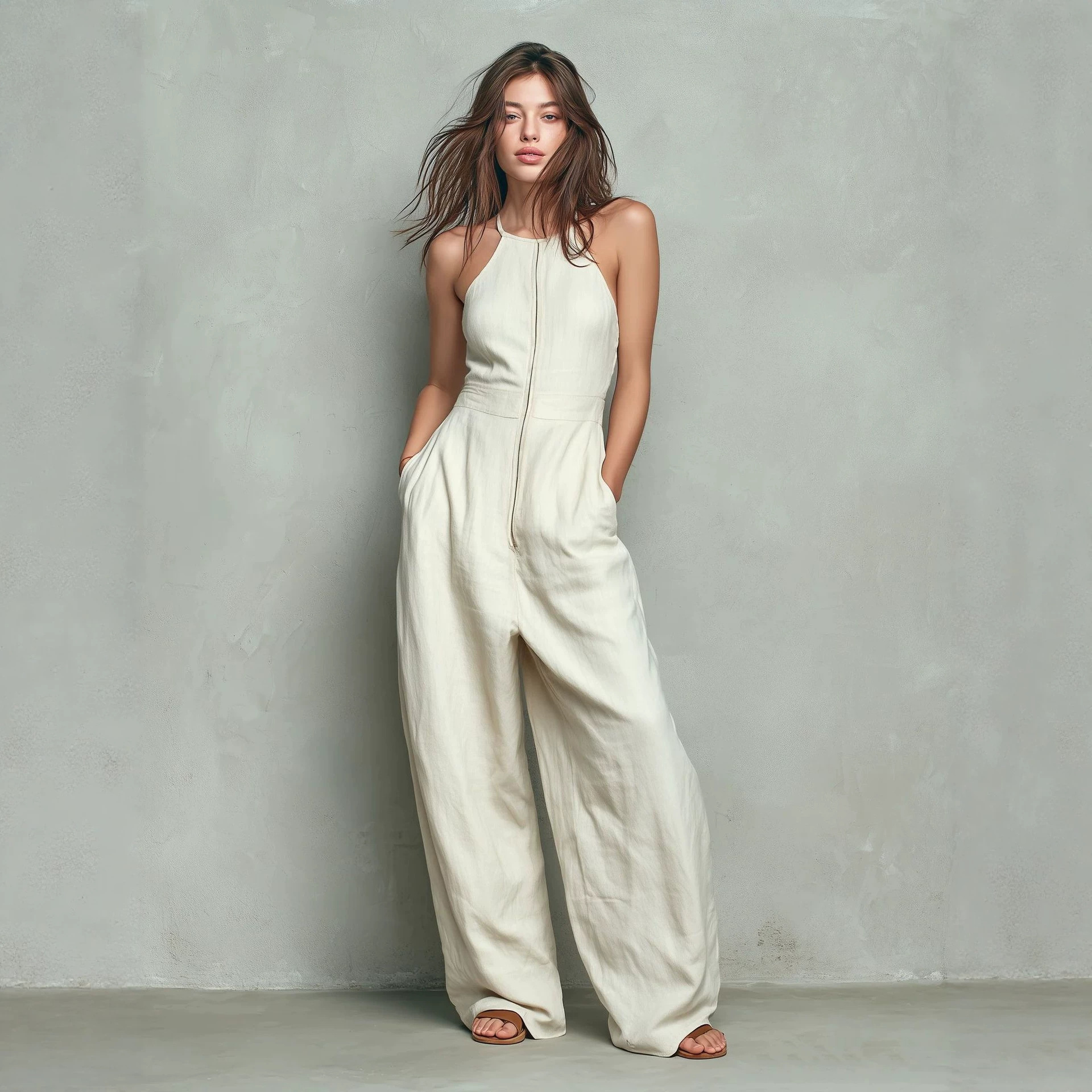 Womens Solid-color Zip-front Backless Wide-leg Relaxed-fit Jumpsuit product image