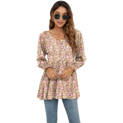 Women's Fashion Casual Printing Bubble Long Sleeve Waist Top - No 6 Flower - View 1