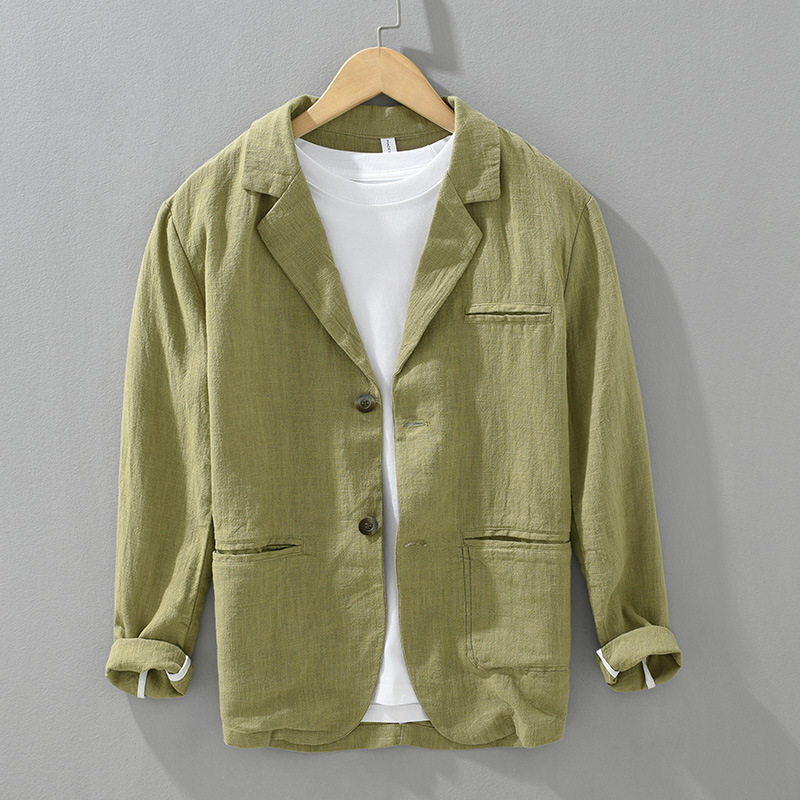Mens Loose-fitting Single-breasted Solid-color Vintage Linen Suit