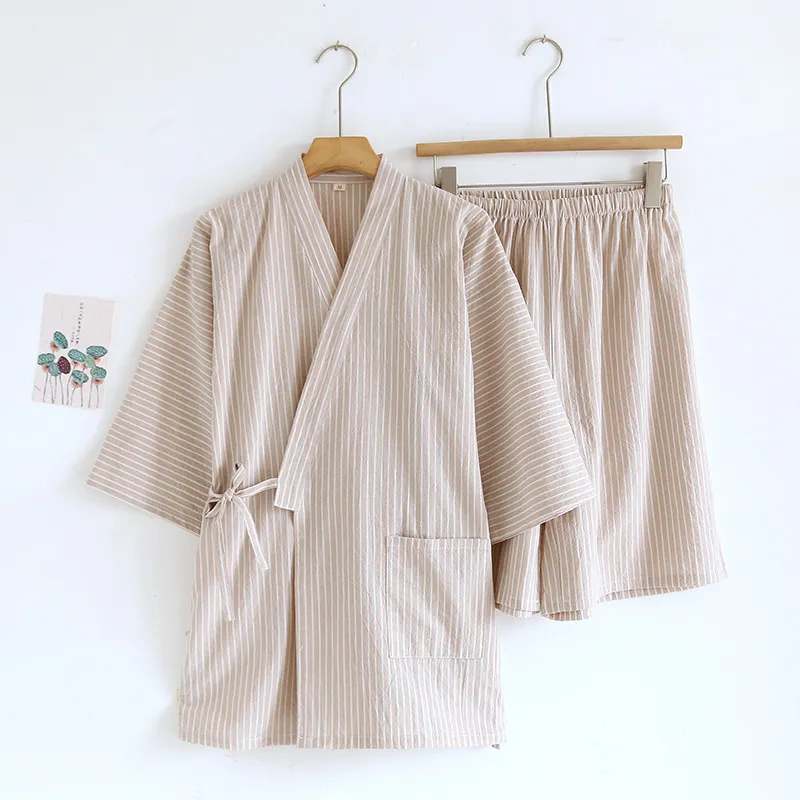 Japanese Lace-up Kimono Pajamas Men's Cotton Washed Loose - Khaki