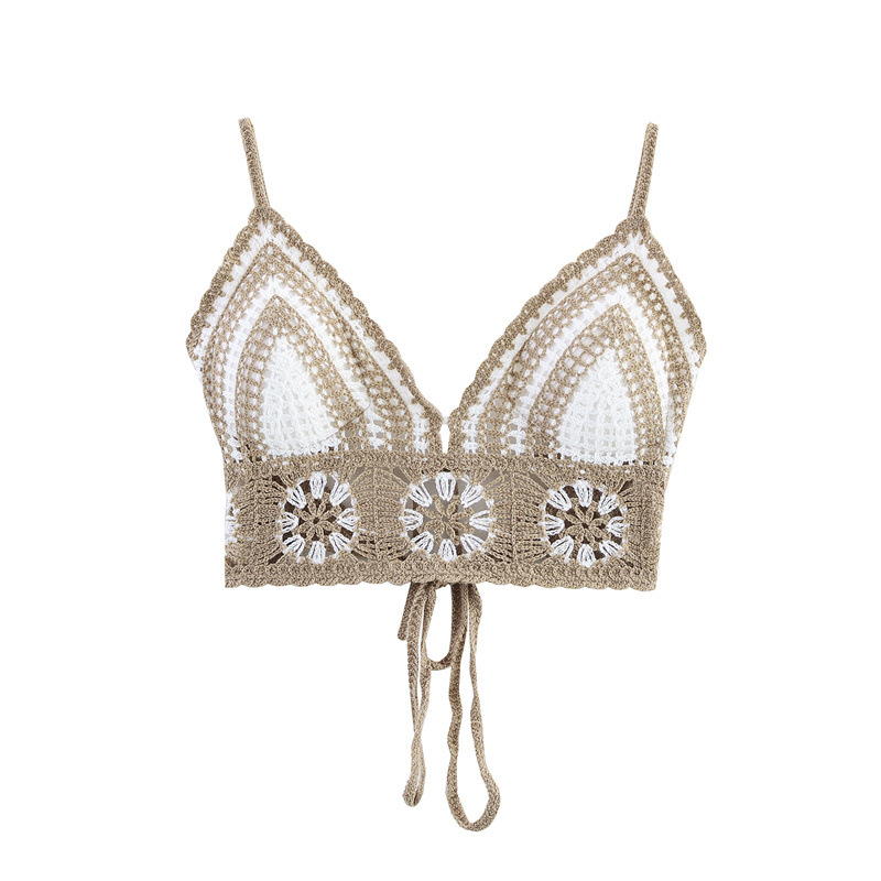 Seaside Vacation Beach Suit Women's Summer New Sexy Hollow Knitted Halter Top High Waist Shorts