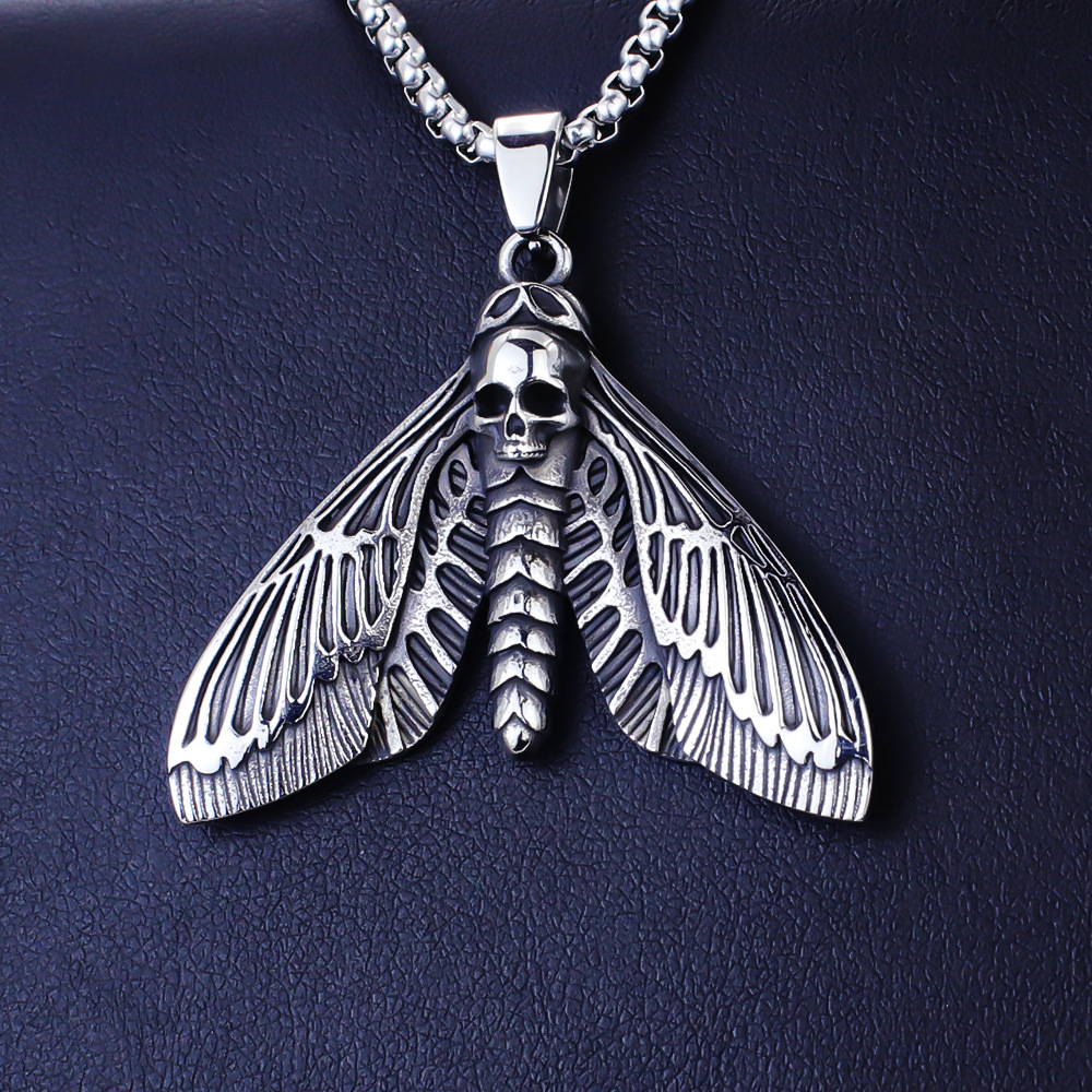 Mens Moth Skull Pendant Necklace
