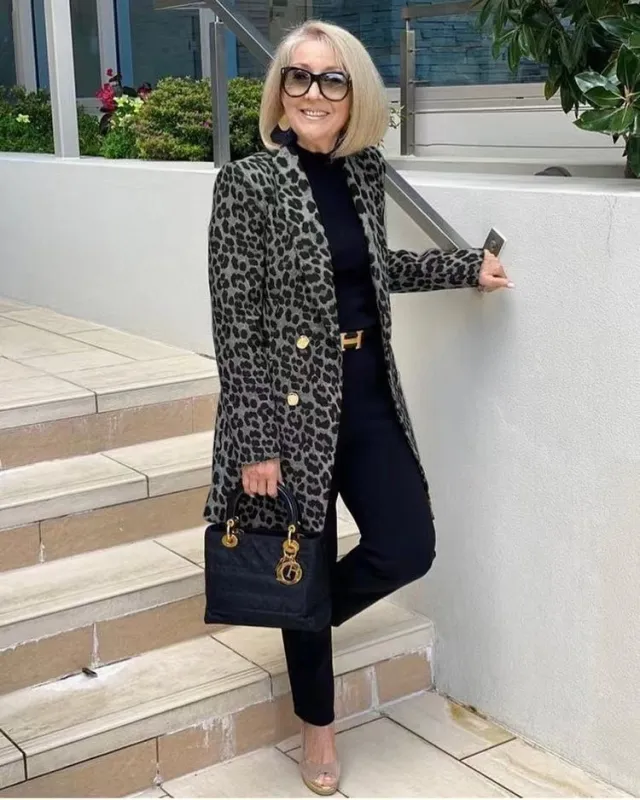 Women's Casual Leopard Print Suit Collar Woolen Coat Gray - Shop at LoveMi