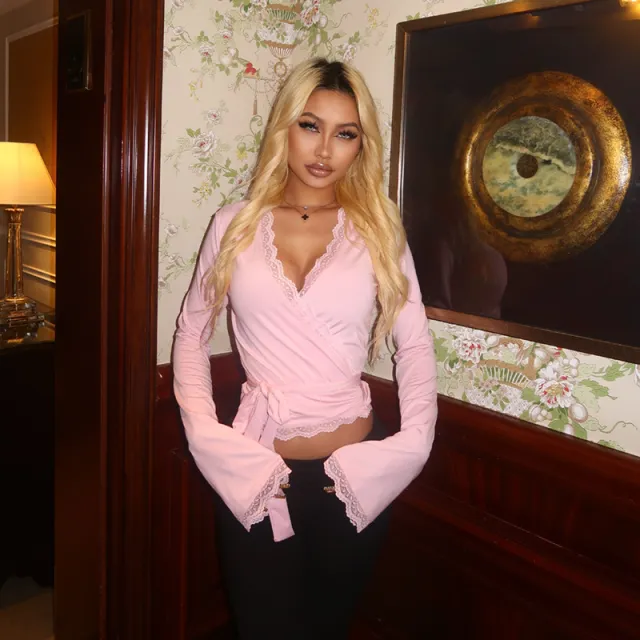 Valentine's Day Women's Solid Color V Neck Lace trimmed Lace up Long Sleeve Top Pink - Shop at LoveMi