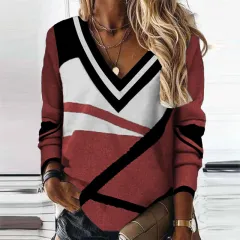 Women's Clothing V-collar Contrast Colour Geometric Print Elegant Loose Long Sleeve - Red - View 1