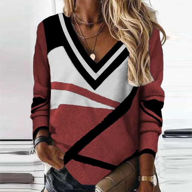Women's Clothing V collar Contrast Color Geometric Print Elegant Loose Long Sleeve Red - Shop at LoveMi