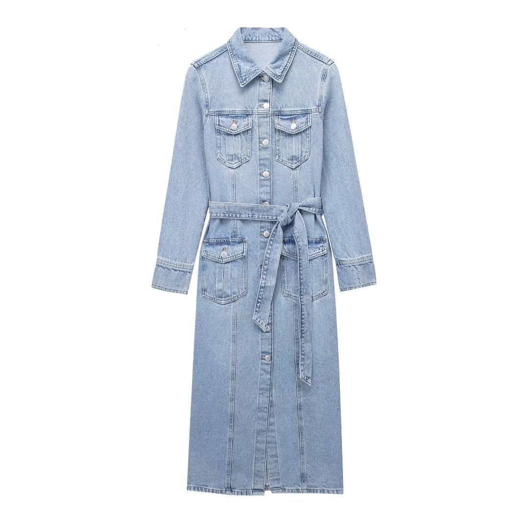 Elegant Notched Collar Long-Sleeve Distressed Denim Belted Dress For Women