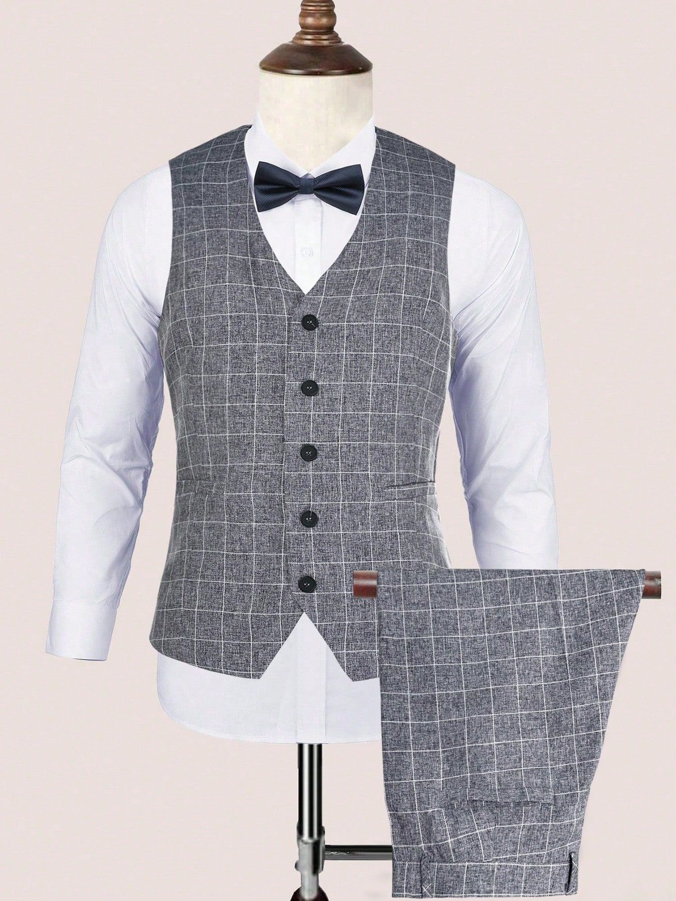 Mens Light Business Plaid Waistcoat And Dress Pants Two-Piece Suit 6