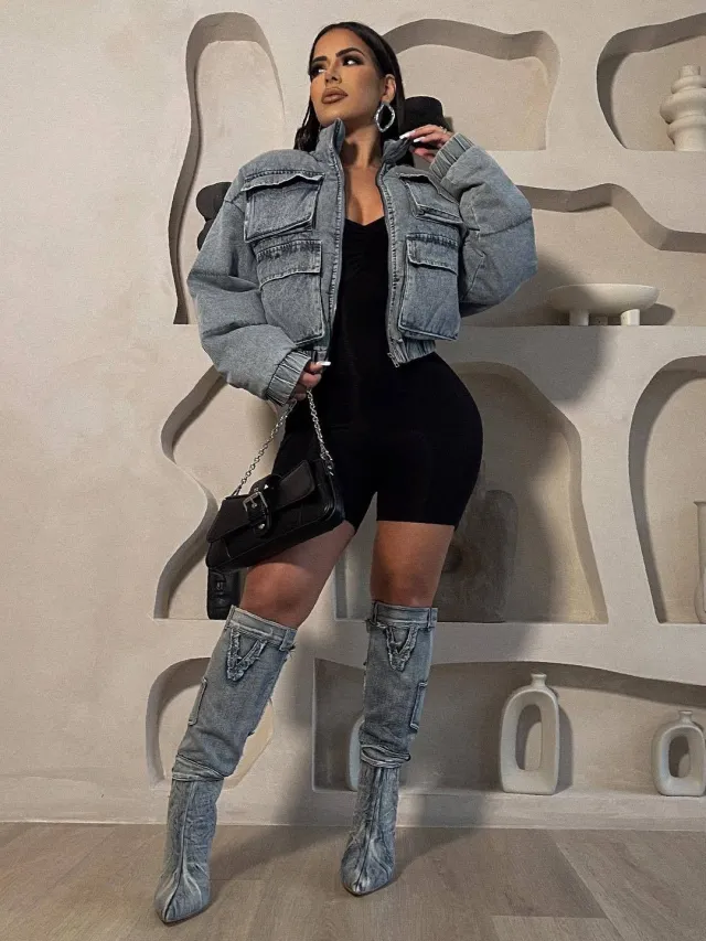 Women's Clothing Stylish Multi pocket Denim Cotton Jacket Coat Denim G0638 - Shop at LoveMi