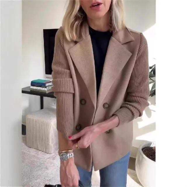 Double Breasted Lapel Jacket Fashion Knitted Sleeves Splicing Design Coat Outerwear Women's Clothing Brown - Shop at LoveMi