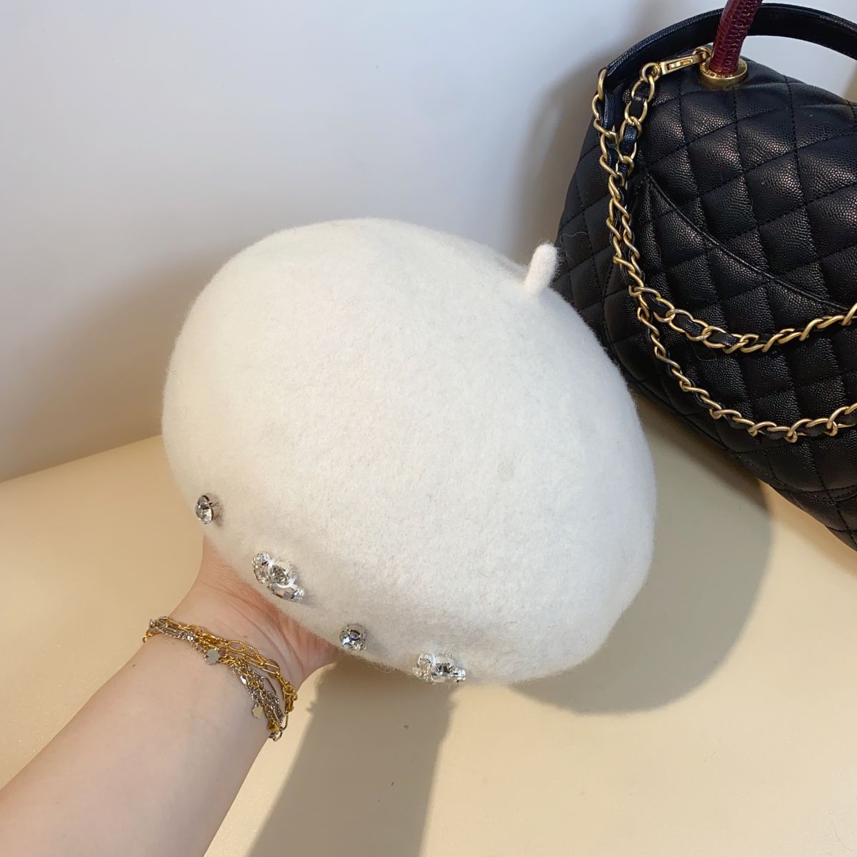 Women's Autumn And Winter British Rhinestone Wool Beret
