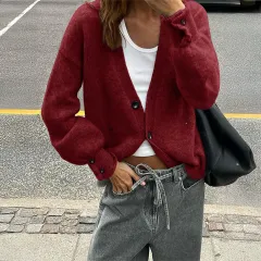 Solid Color Long-sleeved Sweater Woolen Women's Clothing - Wine - View 1