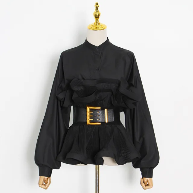 Stand Collar Long Sleeve Pleated Ruffled Sneaky Design Lace up Top Black - Shop at LoveMi
