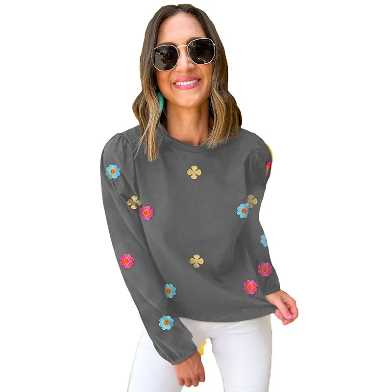 Pullover Long Sleeve European And American Fashion Flower Embroidered Sweater - Red