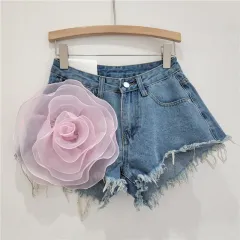 Women's Three-dimensional Flower Denim Shorts - Blue 12165 - View 1