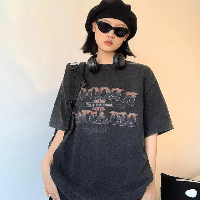Retro Washed Linen Cotton Letter Print Short sleeve T shirt Black - Shop at LoveMi