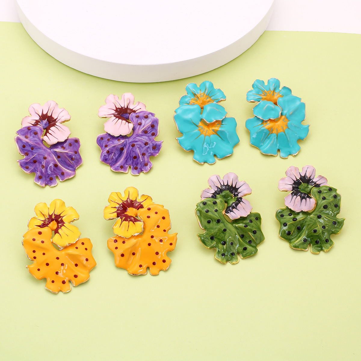 Vacation Style Flower Leaves Polka Dot Drop Oil Exaggerated Long Ear Studs