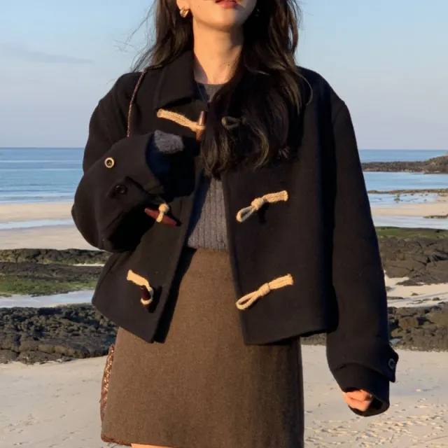 Retro Elegant Lapel Horn Button Woolen Coat Black - Shop at LoveMi