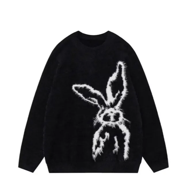 Casual Soft Glutinous Rabbit Jacquard Mohair Sweater Black - Shop at LoveMi