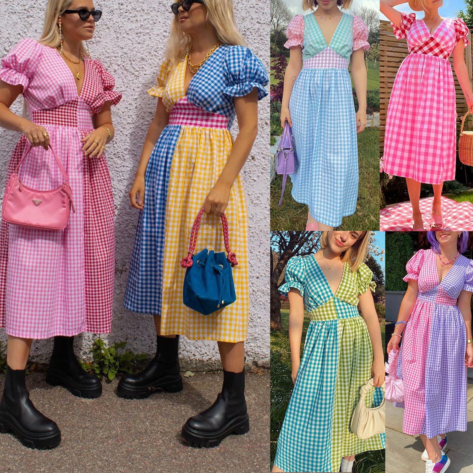 New Design-Driven Niche Summer Thin Plaid V-Neck Dress