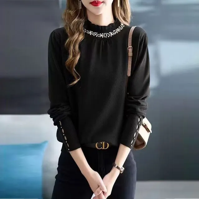Design Sense Beaded Temperament Mock Neck Sweater Black - Shop at LoveMi