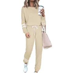 Women's Clothing Plus Size Loose-fitting Solid Color Long Sleeves Casual Suit - Apricot - View 1