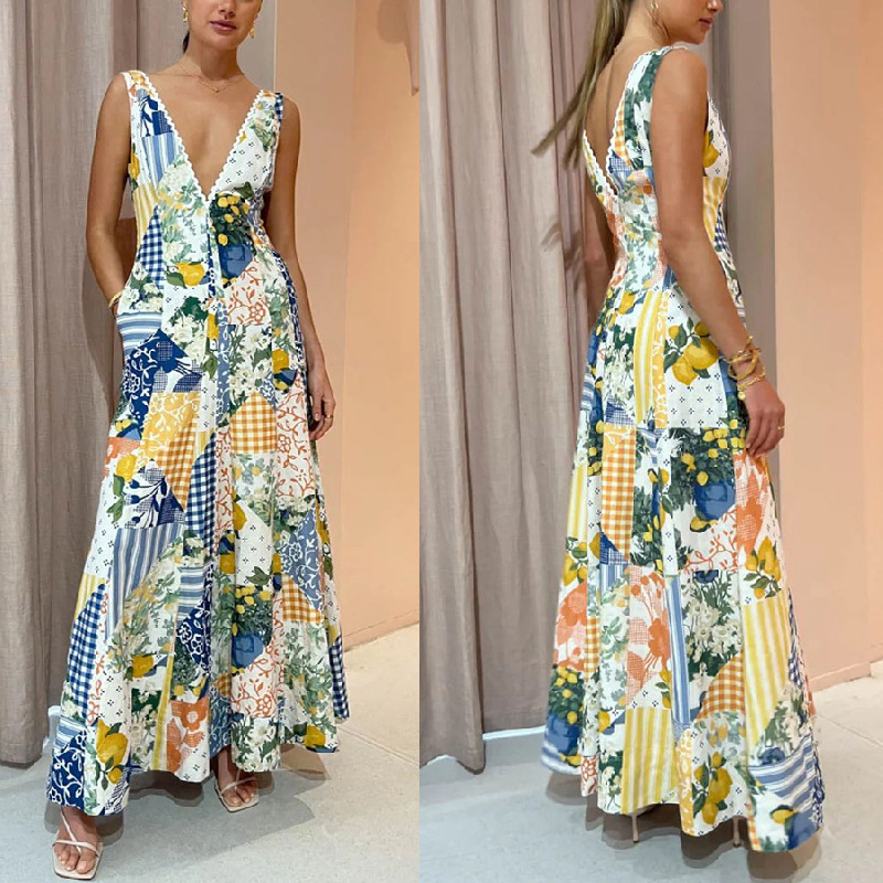 Women's Printed Wear Sleeveless Large V-neck Large Swing Dress