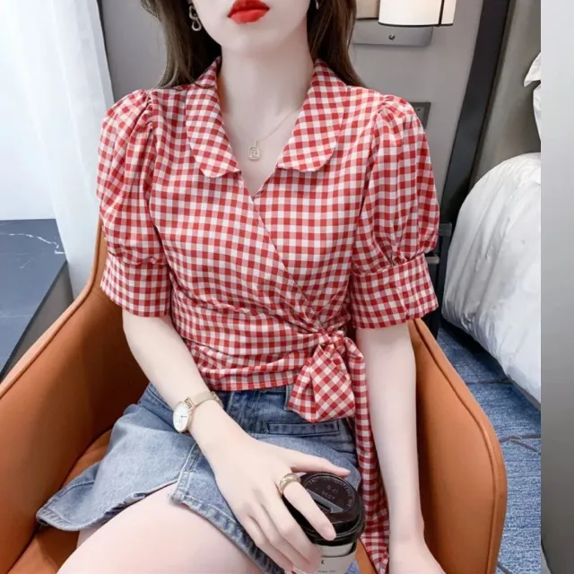 Plaid Shirt Women's Design Sense Niche French Tight Waist Puff Sleeve Red Plaid - Shop at LoveMi