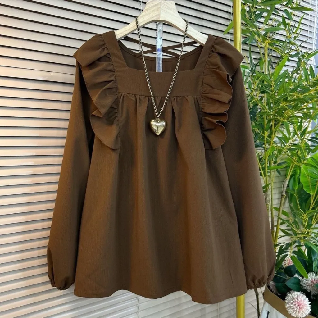 Ruffled Square Collar Beauty Back Sexy Design Women's Shirt - Caramel-2Xl