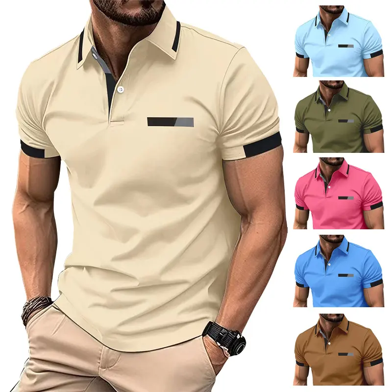 Men's Casual Polo Shirt Chest Faux Pocket Lapel Button