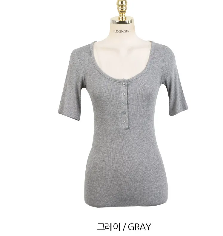 Micro Transparent Half-open Collar Slim-fit Short-sleeved T-shirt Women's Top - Gray