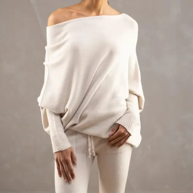 Solid Color Off neck Pullover Knitted Loose Sweater Beige - Shop at LoveMi