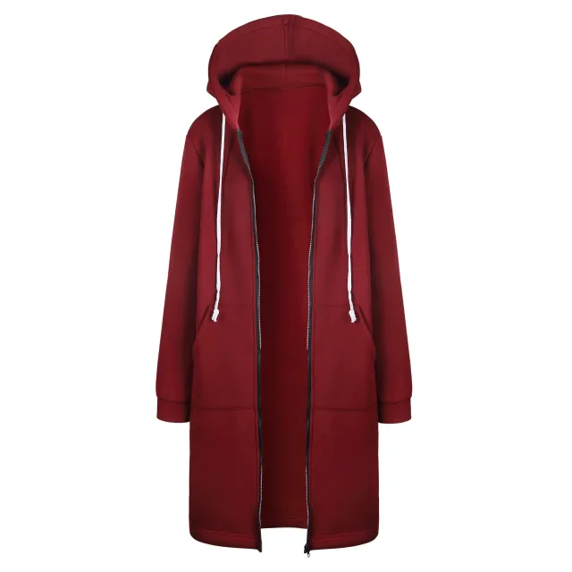 Women's Mid length Hooded Long Sleeve Sweater Wine Red - Shop at LoveMi