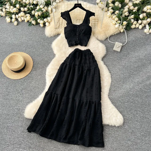 Suspender Top High Waist Crimp Skirt Two piece Suit Black - Shop at LoveMi