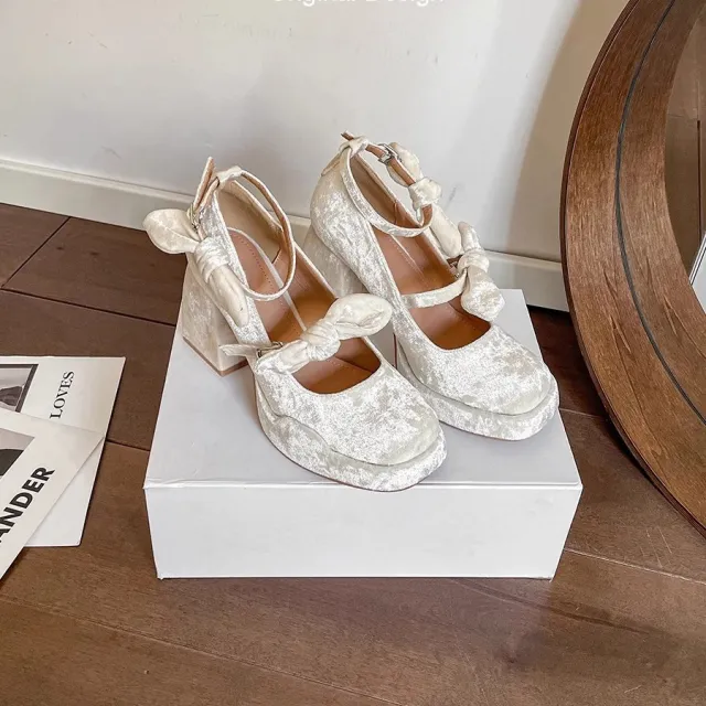 Gentle Chunky Heel Waterproof Platform High Heels Bow Pumps Apricot - Shop at LoveMi